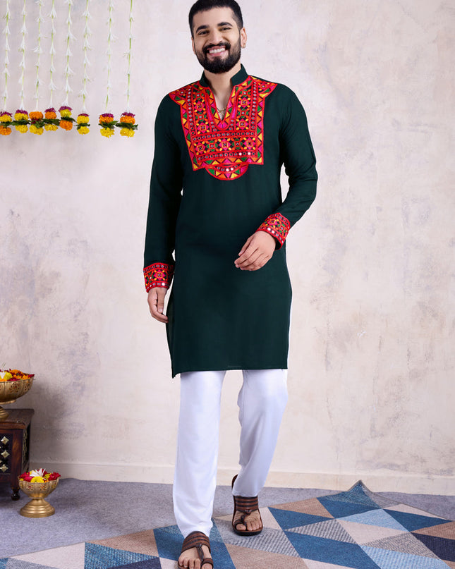 Pine Green Rayon Gamthi Work Navratri Special Kurta