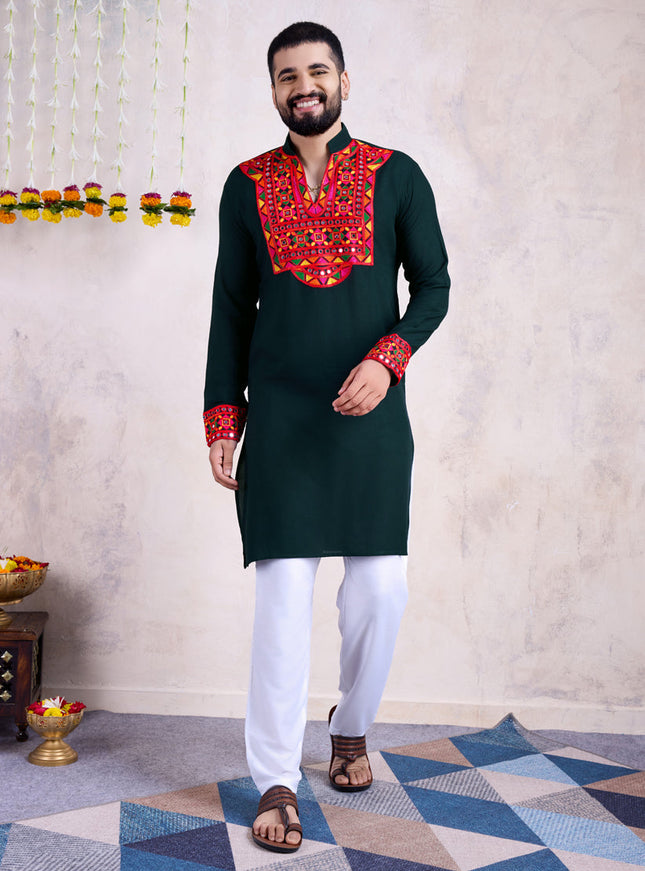 Pine Green Rayon Gamthi Work Navratri Special Kurta