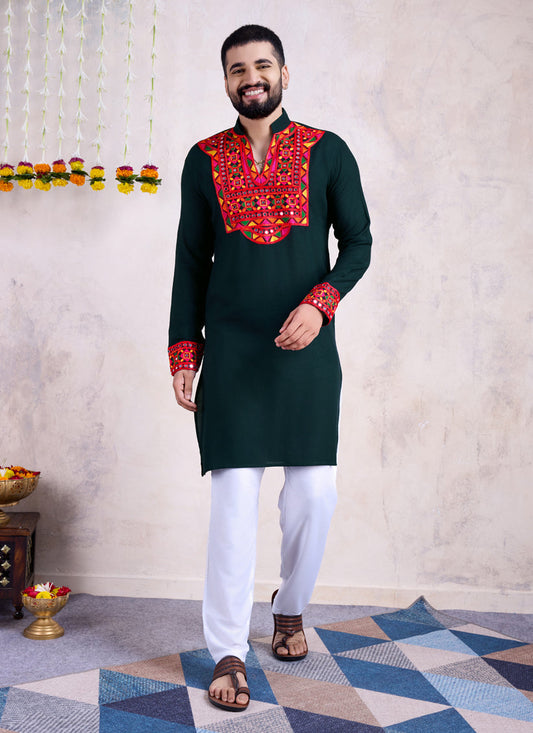 Pine Green Rayon Gamthi Work Navratri Special Kurta