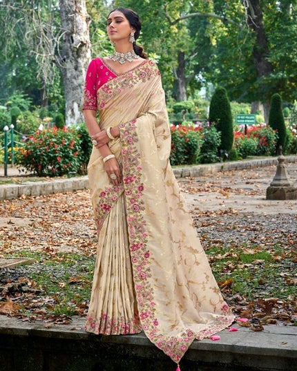 Cream Gadhwal Silk Designer Saree