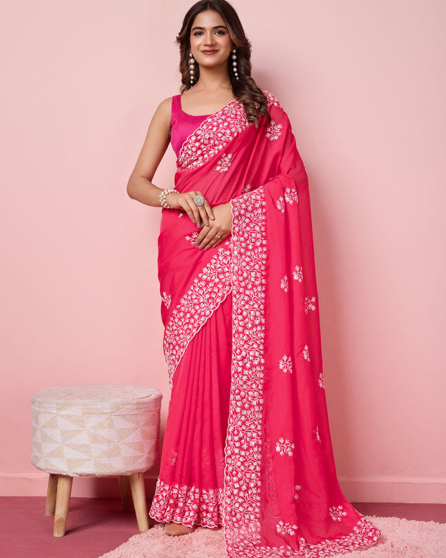 Hot Pink Silk Sequins Embroidered Saree