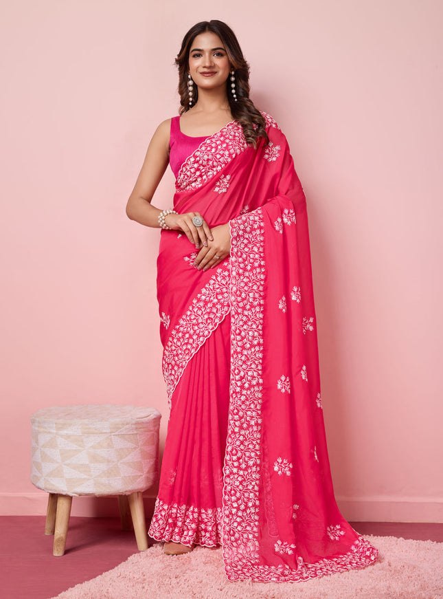 Hot Pink Silk Sequins Embroidered Saree