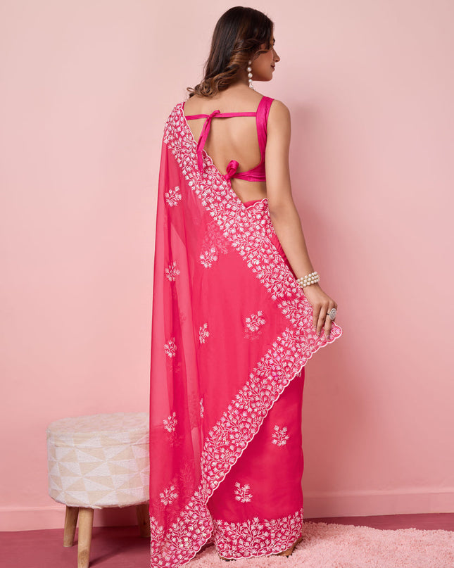 Hot Pink Silk Sequins Embroidered Saree