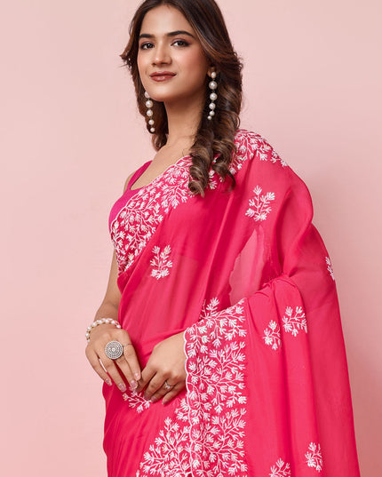 Hot Pink Silk Sequins Embroidered Saree
