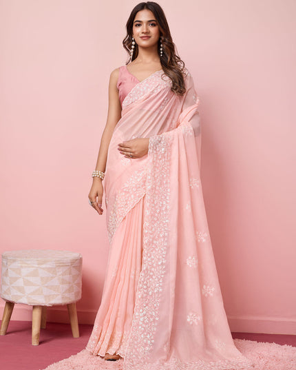 Blush Pink Silk Sequins Embroidered Saree