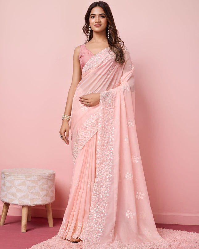 Blush Pink Silk Sequins Embroidered Saree