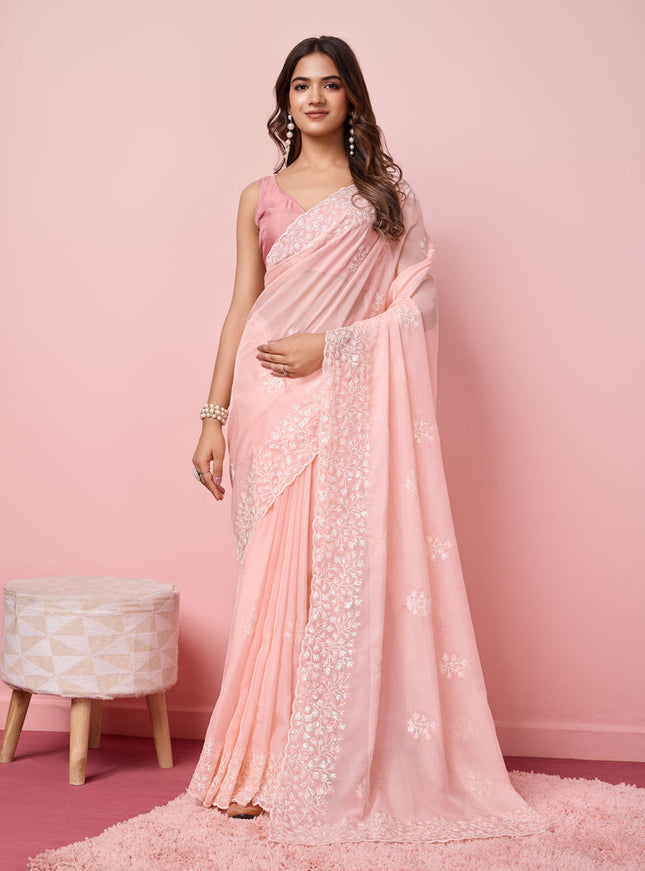 Blush Pink Silk Sequins Embroidered Saree
