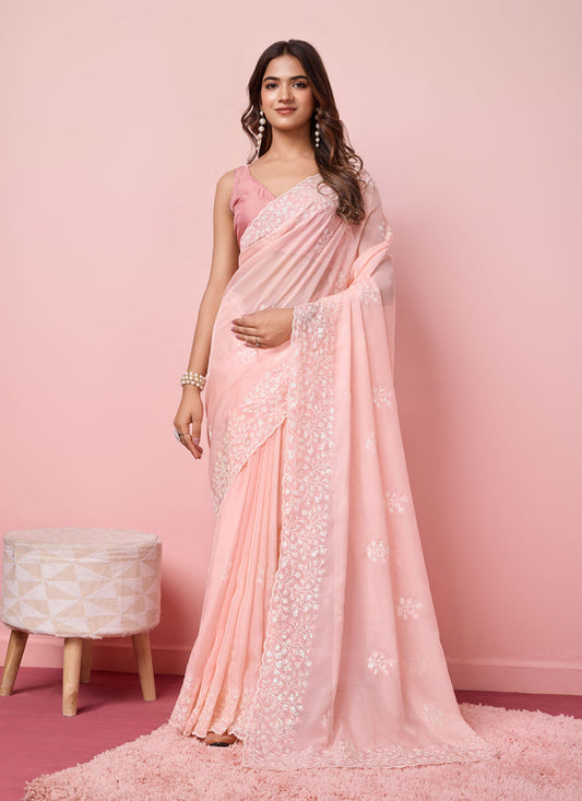 Blush Pink Silk Sequins Embroidered Saree