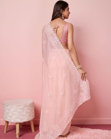 Blush Pink Silk Sequins Embroidered Saree