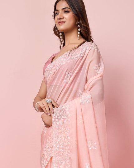 Blush Pink Silk Sequins Embroidered Saree