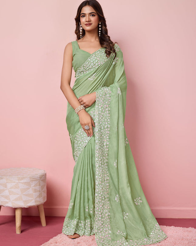 Pistachio Green Silk Sequins Embroidered Saree