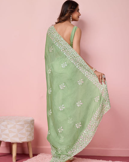 Pistachio Green Silk Sequins Embroidered Saree