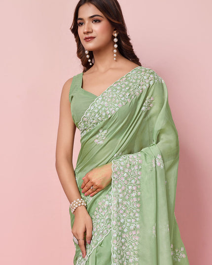 Pistachio Green Silk Sequins Embroidered Saree