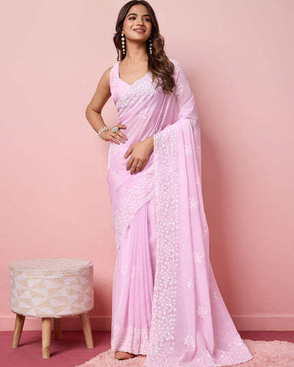 Lilac Pink Silk Sequins Embroidered Saree