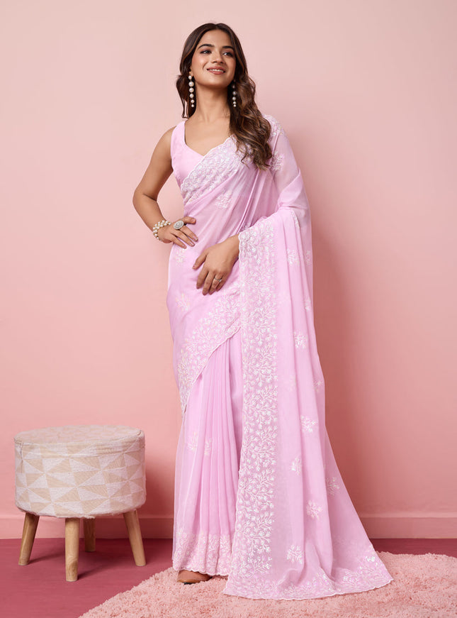 Lilac Pink Silk Sequins Embroidered Saree