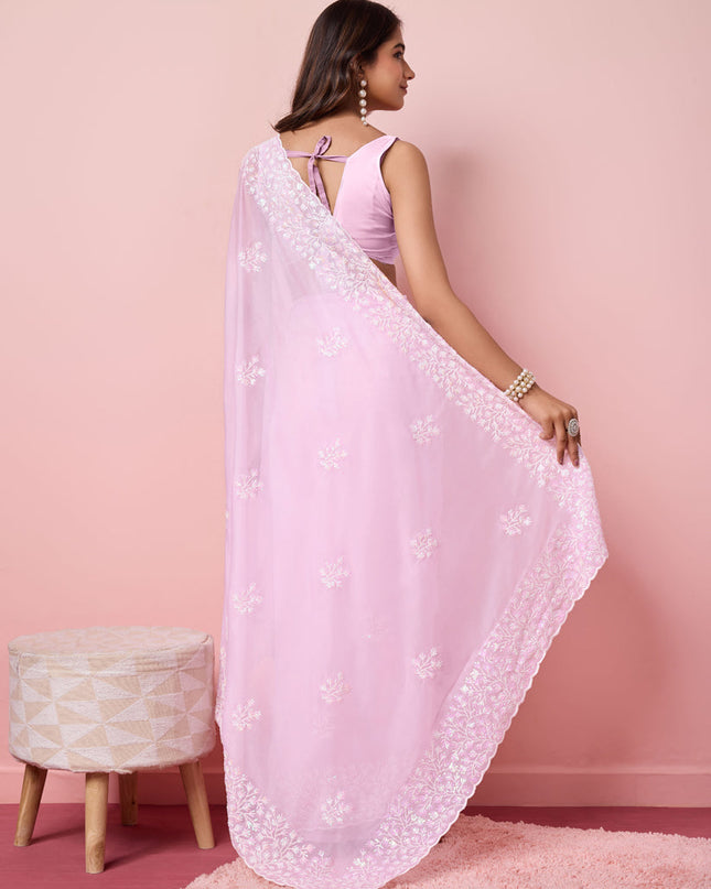 Lilac Pink Silk Sequins Embroidered Saree