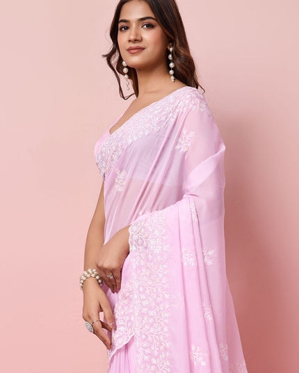 Lilac Pink Silk Sequins Embroidered Saree