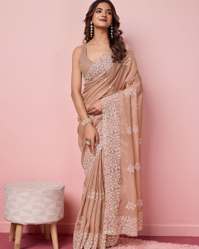 Beige Brown Silk Sequins Embroidered Saree