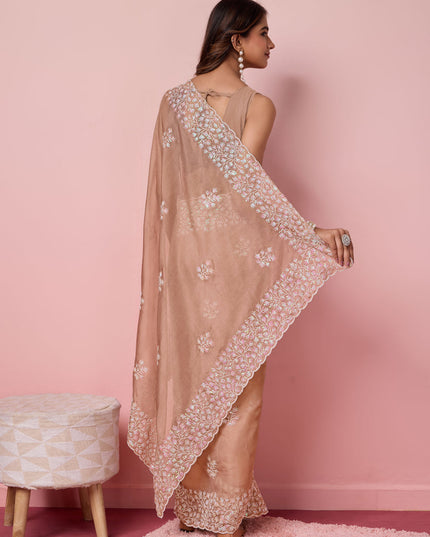 Beige Brown Silk Sequins Embroidered Saree