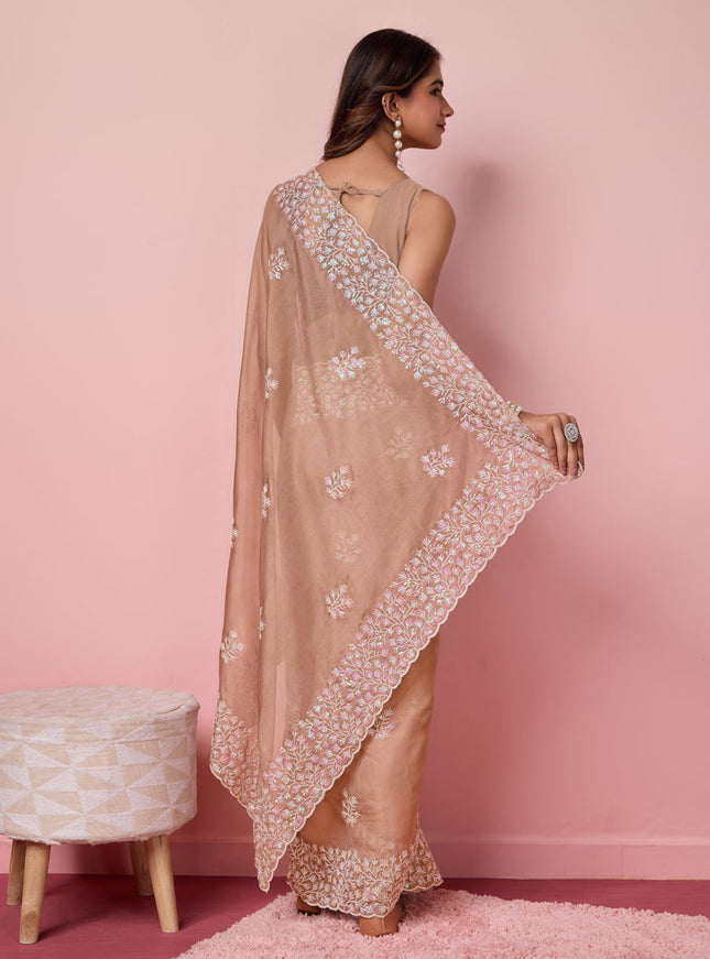 Beige Brown Silk Sequins Embroidered Saree