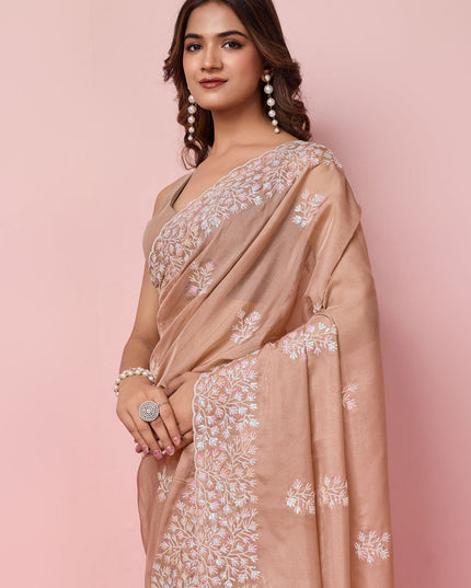 Beige Brown Silk Sequins Embroidered Saree