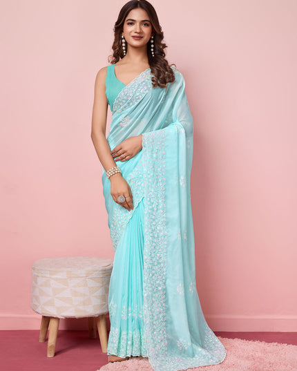Ice Blue Silk Sequins Embroidered Saree