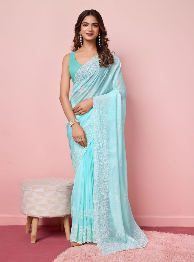 Ice Blue Silk Sequins Embroidered Saree