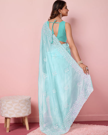 Ice Blue Silk Sequins Embroidered Saree