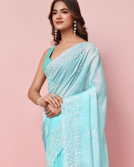 Ice Blue Silk Sequins Embroidered Saree