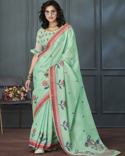 Mint Green Handloom Linen Weaving Saree