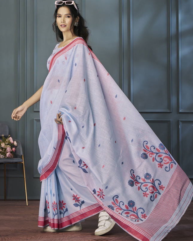 Periwinkle Handloom Linen Weaving Saree