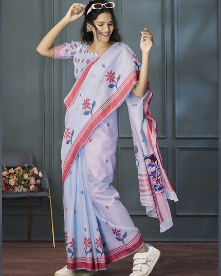 Periwinkle Handloom Linen Weaving Saree
