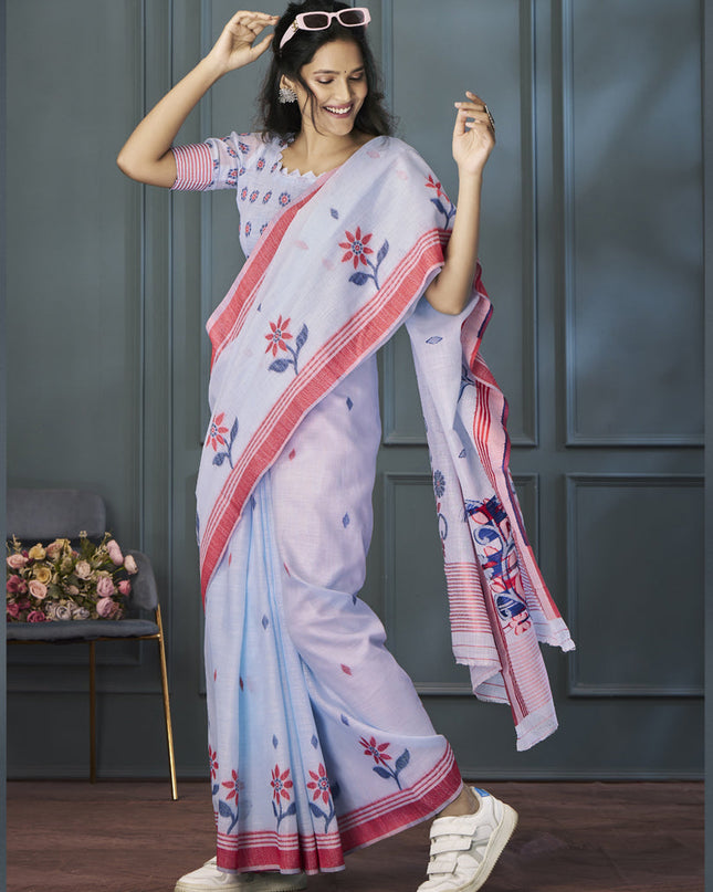 Periwinkle Handloom Linen Weaving Saree
