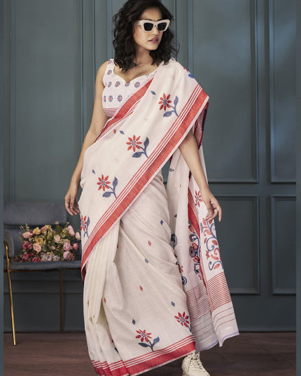 Off White Handloom Linen Weaving Saree