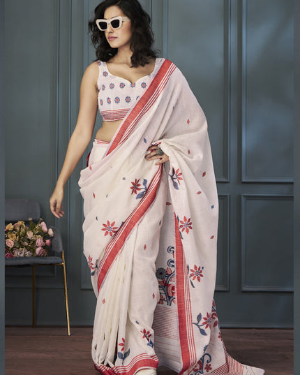 Off White Handloom Linen Weaving Saree