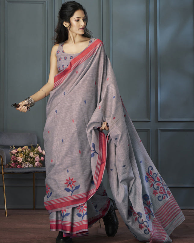 Smoke Grey Handloom Linen Weaving Saree