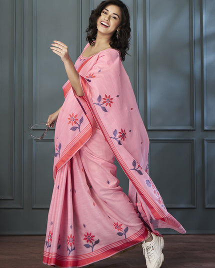 Carnation Pink Handloom Linen Weaving Saree