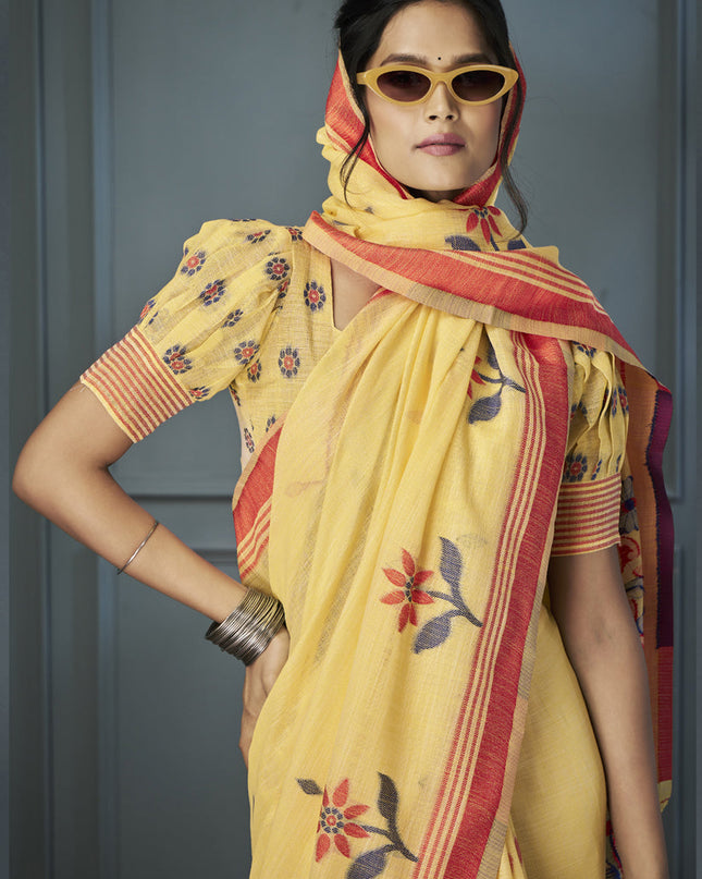 Lemon Yellow Handloom Linen Weaving Saree