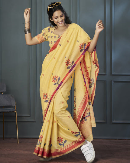 Lemon Yellow Handloom Linen Weaving Saree