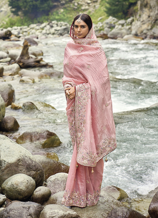Salmon Pink Heavy Embroidered Saree