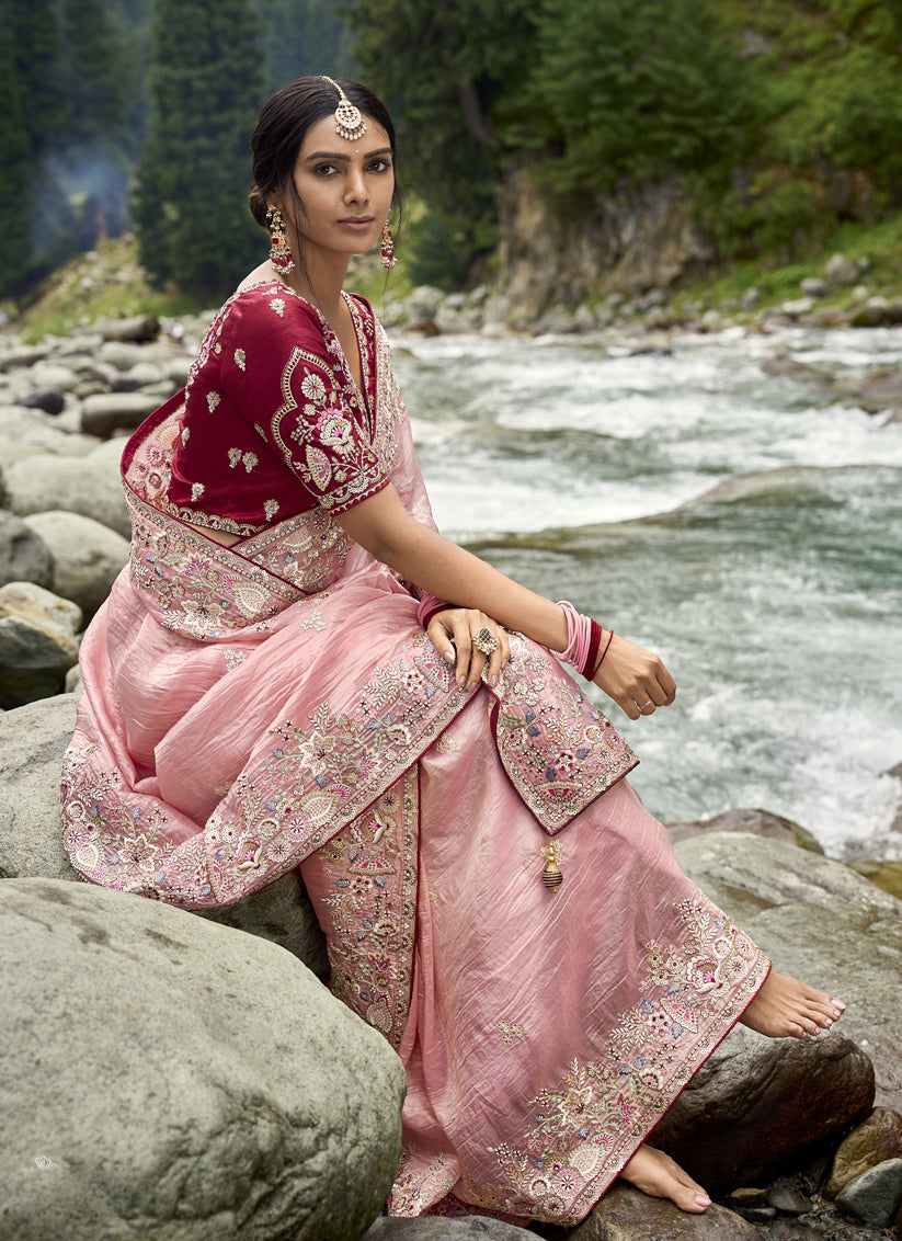 Salmon Pink Heavy Embroidered Saree