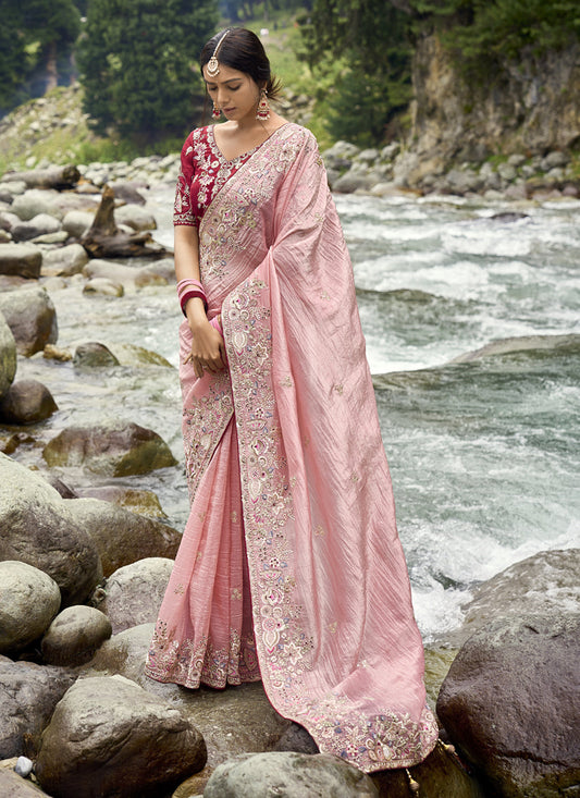 Salmon Pink Heavy Embroidered Saree