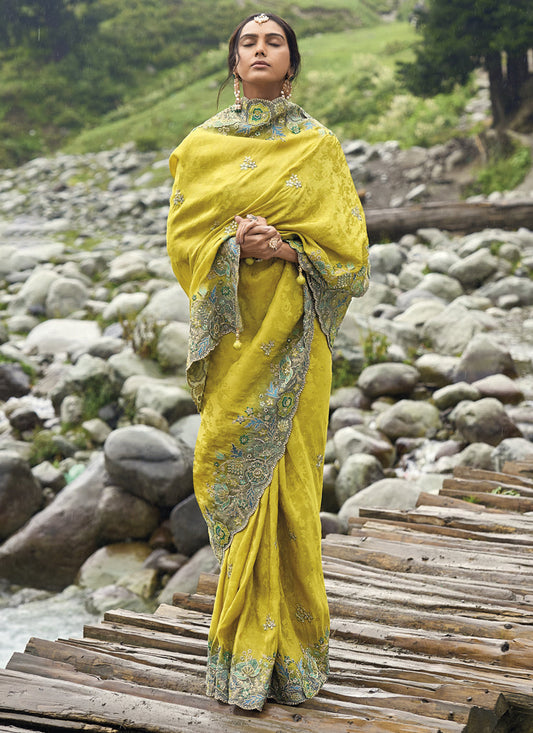 Maize Yellow Heavy Embroidered Saree