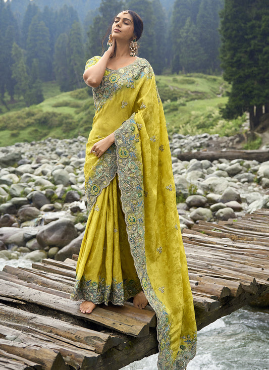 Maize Yellow Heavy Embroidered Saree