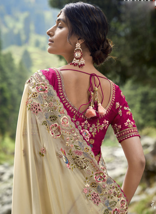 Cream Heavy Embroidered Saree