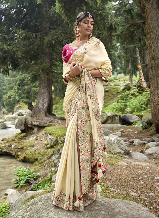 Cream Heavy Embroidered Saree
