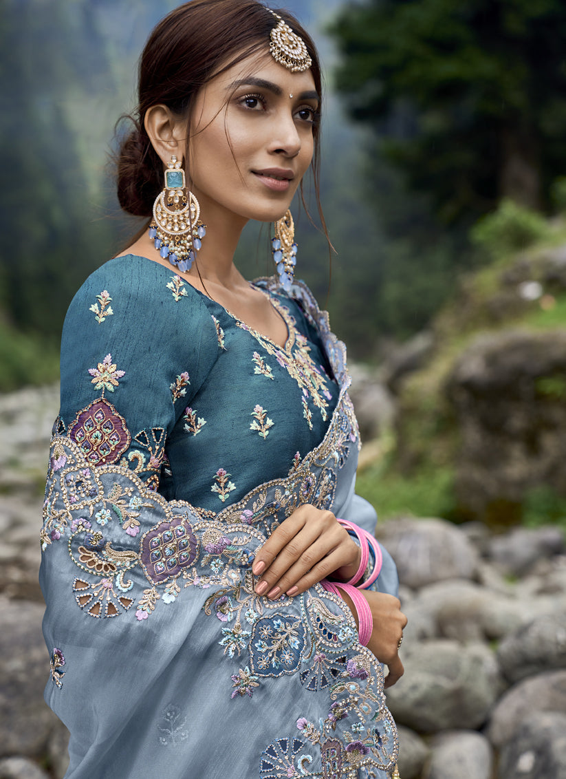 Stone Blue Heavy Embroidered Saree
