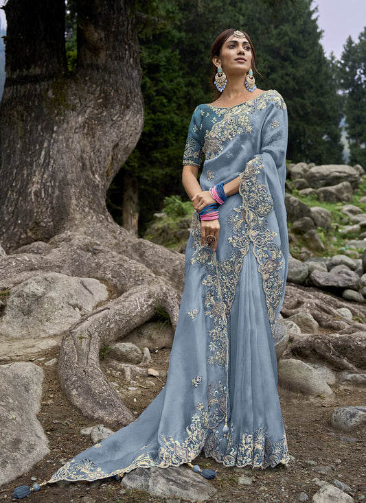 Stone Blue Heavy Embroidered Saree