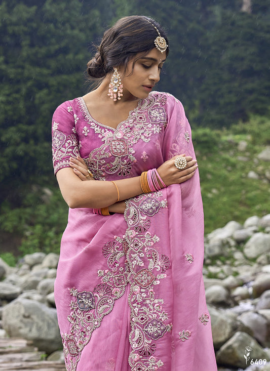 Pink Heavy Embroidered Saree