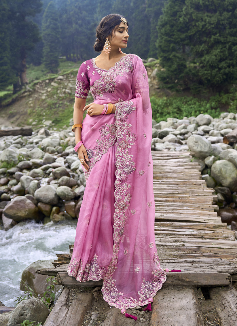 Pink Heavy Embroidered Saree